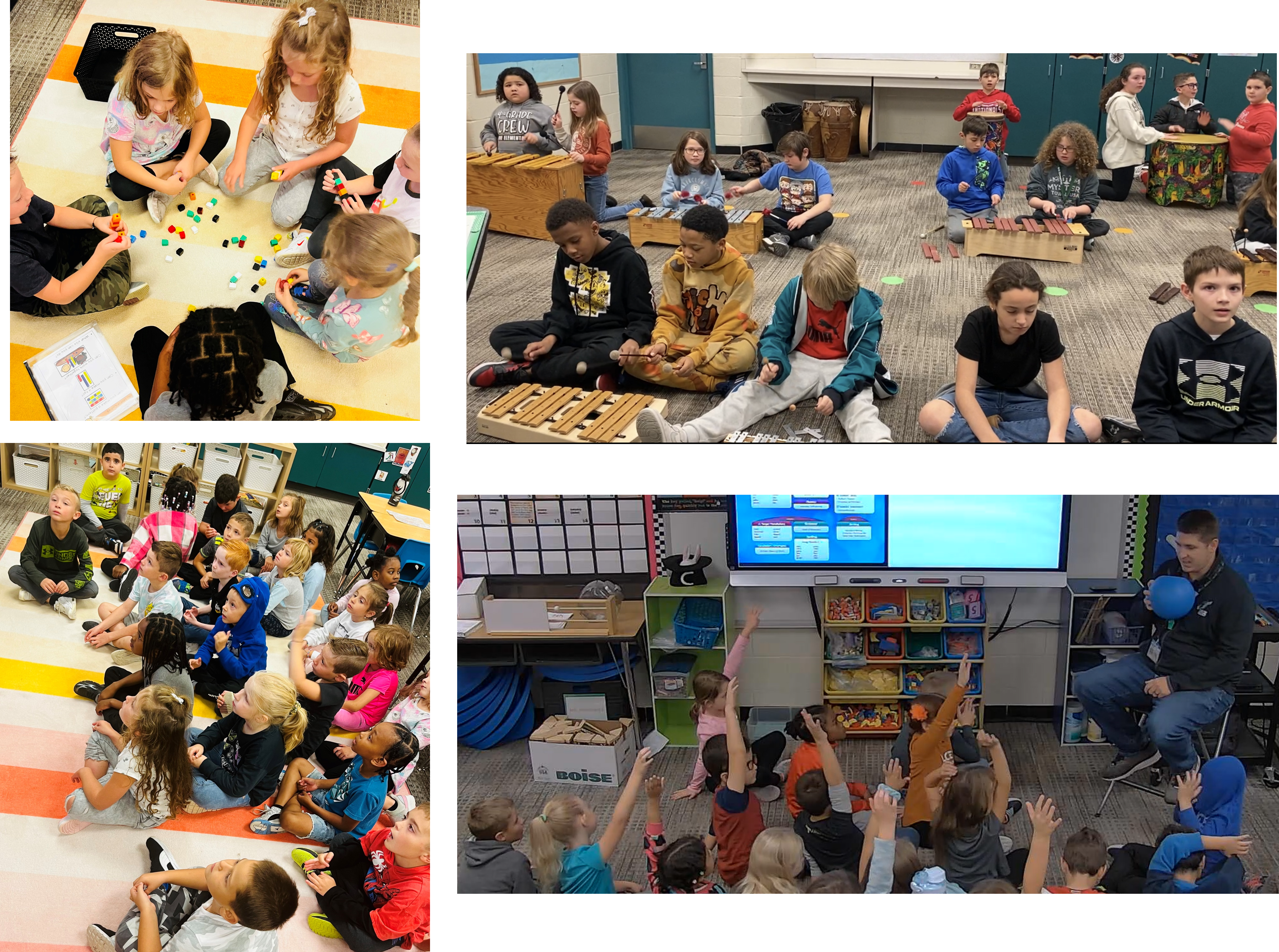 Students on classroom rug, qball and playing instruments