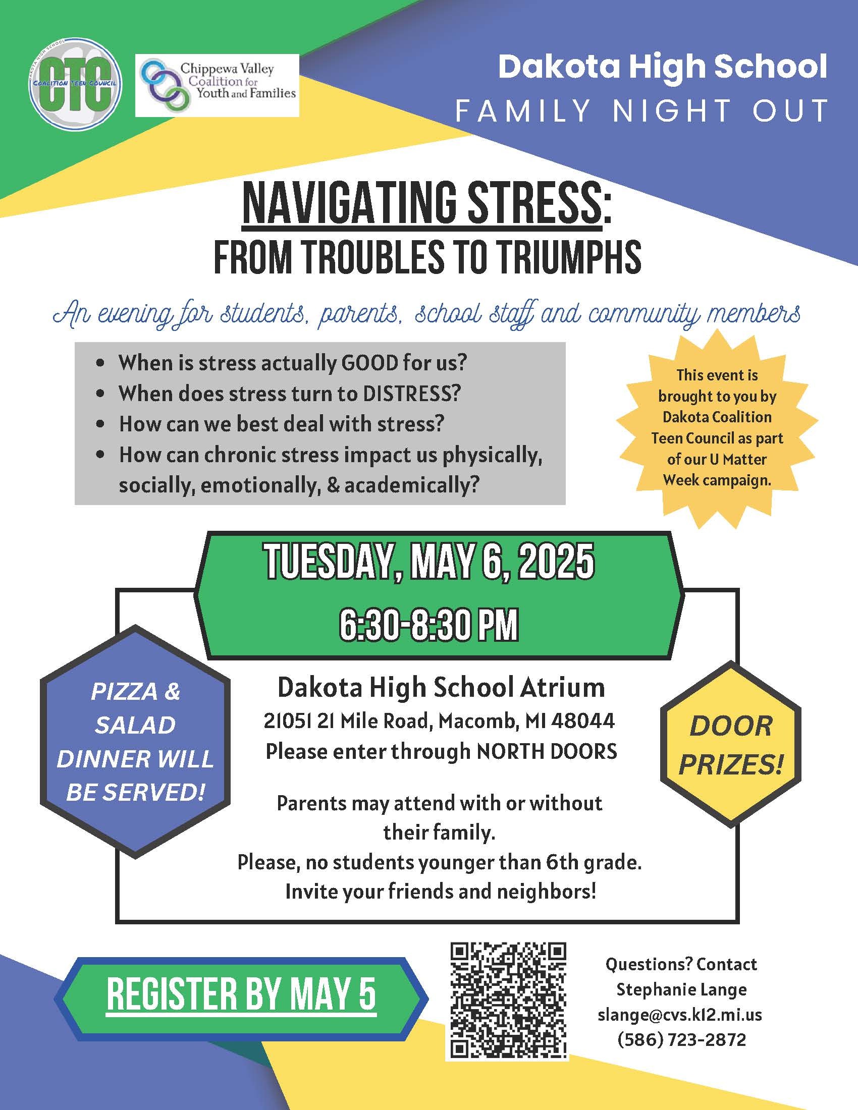 Family Night Out event  flyer- Navigating Stress 5-6-25